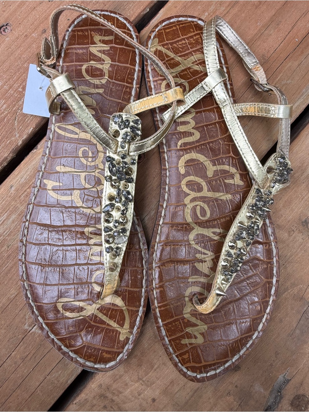Sam Edelman Gold Jeweled T-Strap Leather Sandals - Picture 4 of 5